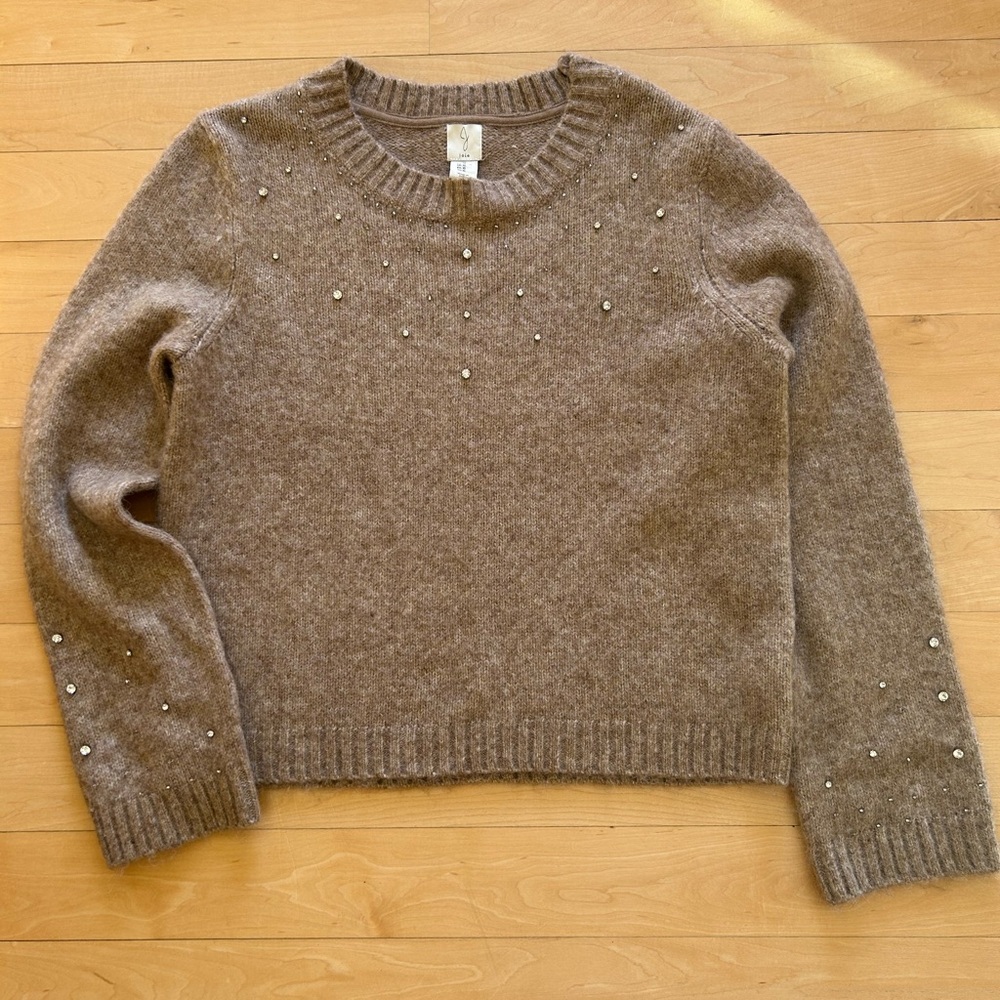 Joie Women’s Heather Brown Rhinestone Embellished Crewneck Sweater Size XL
